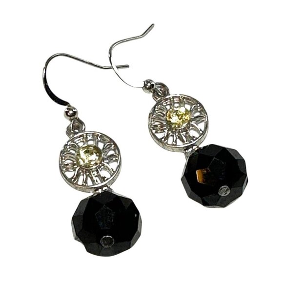 Dangle Earrings Yellow Rhinestone Center Black Beaded - Picture 1 of 3